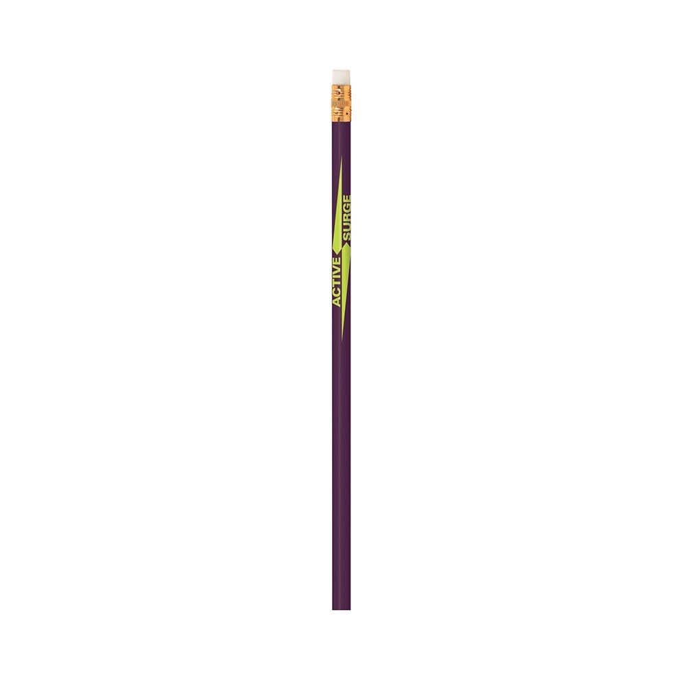 A purple pencil with a rubber eraser and a logo at the top.