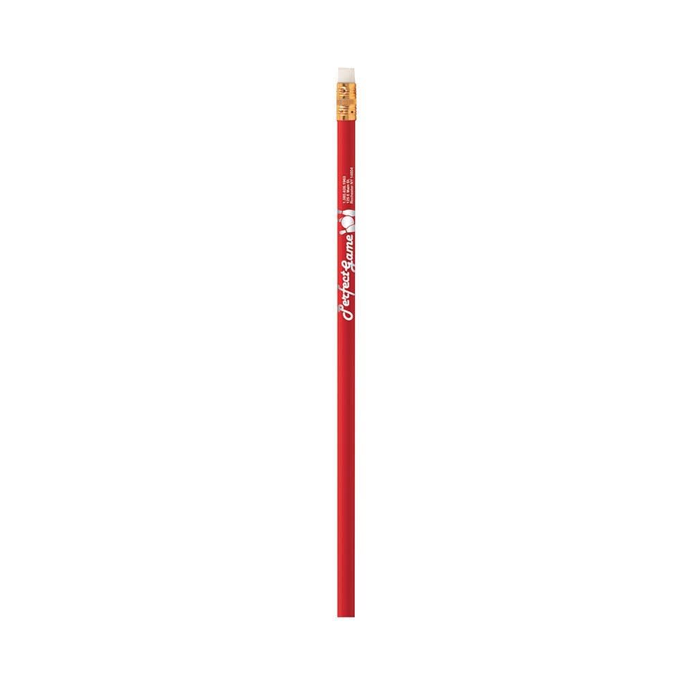 A red pencil with a gold-plated eraser and branding, featuring a solid grey lead.