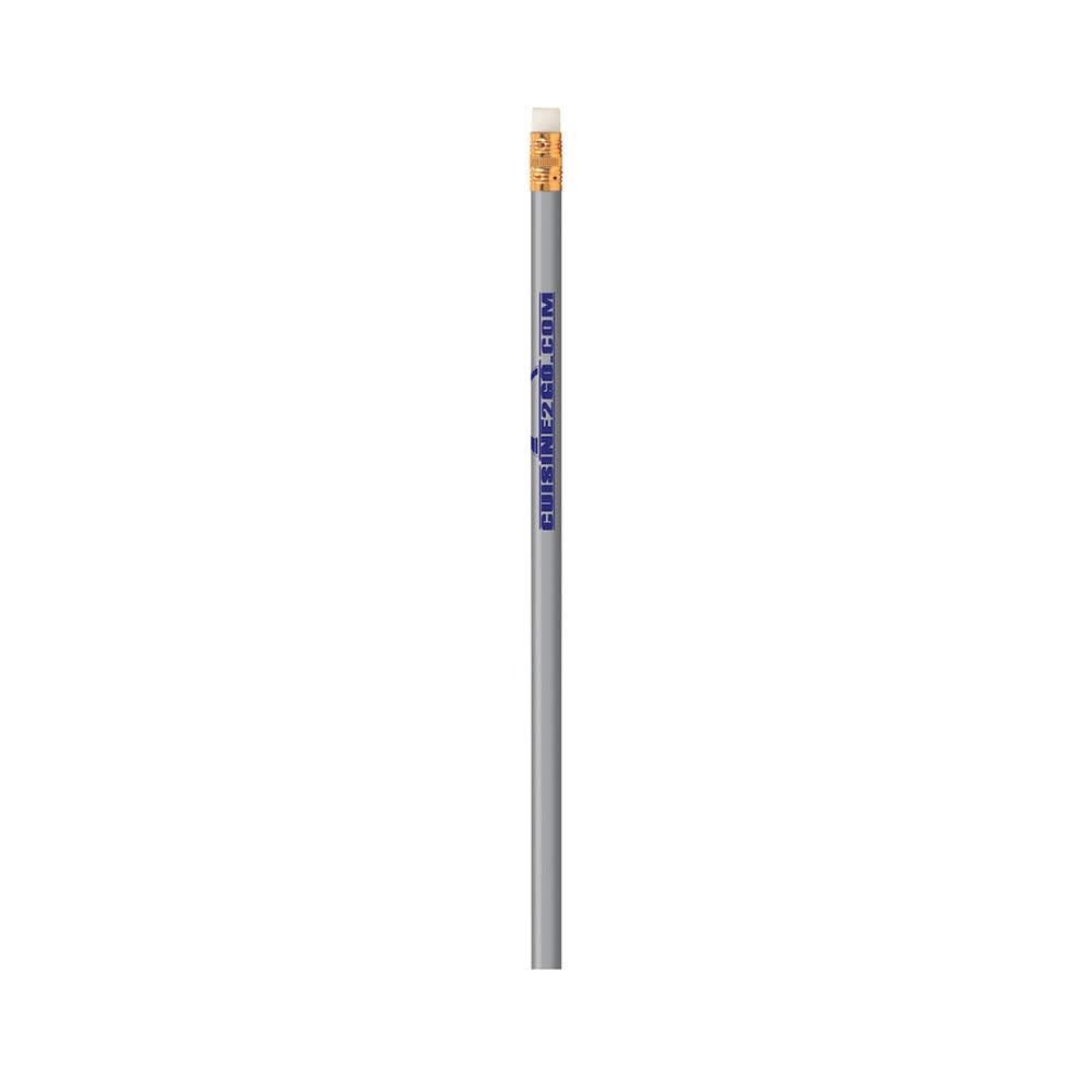 A grey lead pencil with a pink eraser and a small logo near the top.