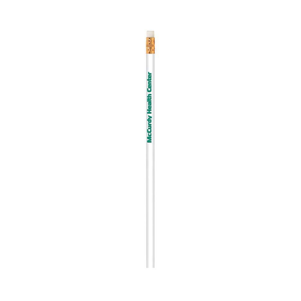 A white grey-lead pencil with an eraser and a logo printed in green.