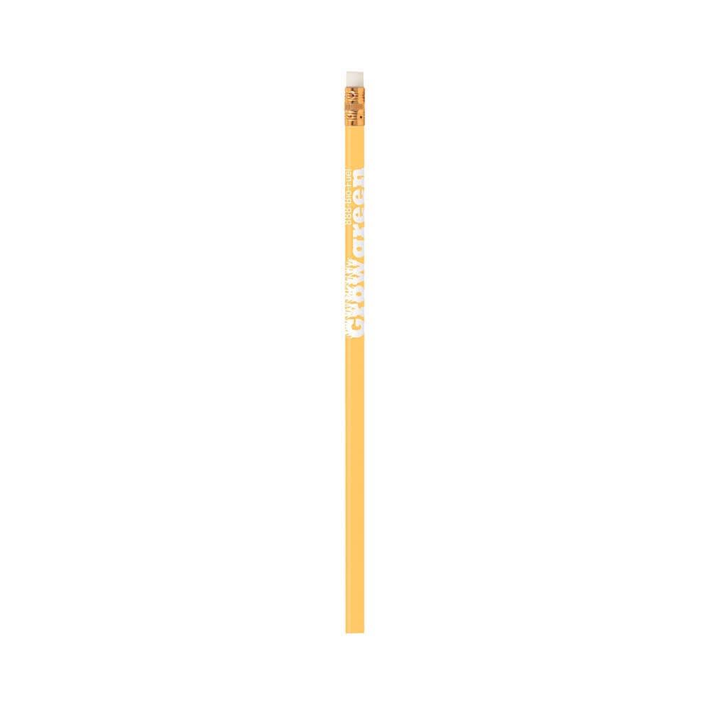 A yellow pencil with an eraser on top and a branding logo visible.