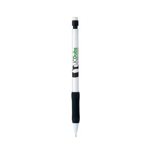 A grey-lead pencil with a white body, black grip, and a logo on it.