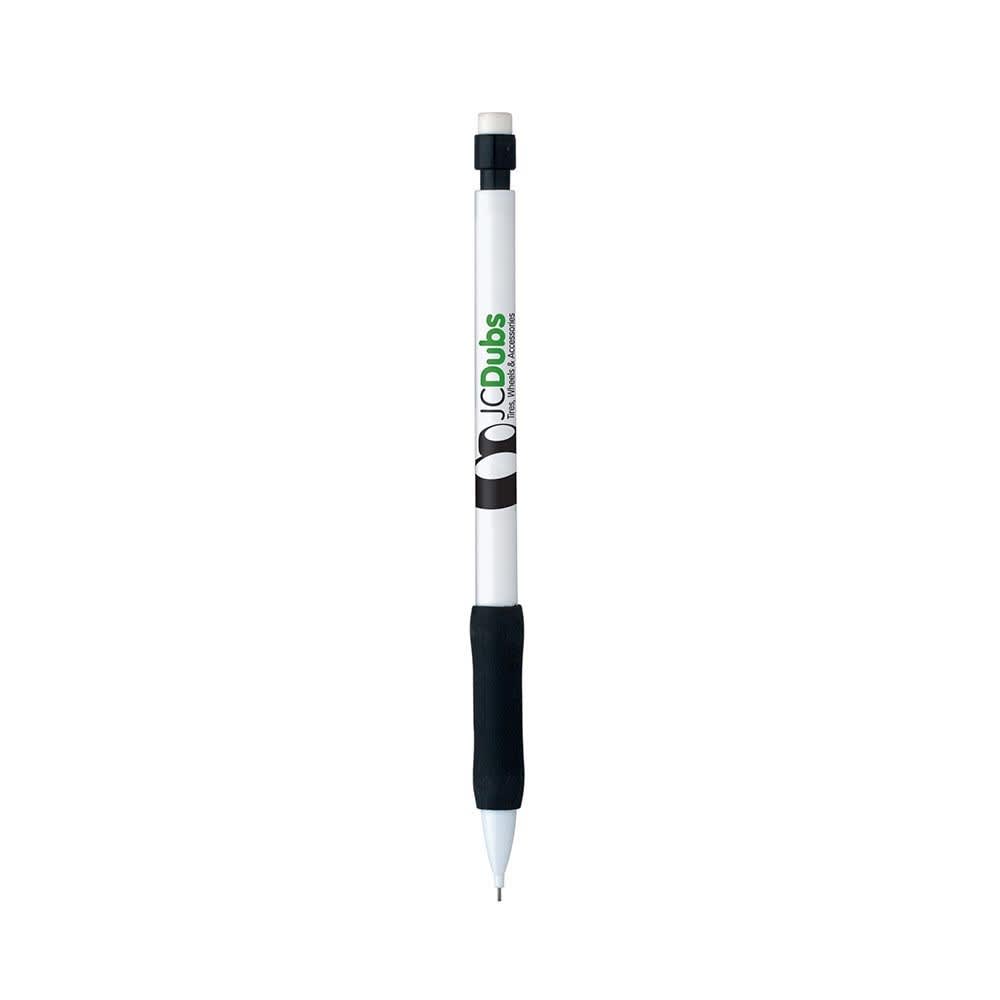 A grey-lead pencil with a white body, black grip, and a logo on it.