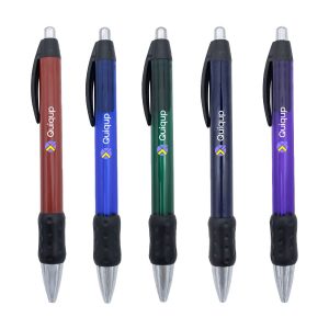 A collection of five metal grip pens in red, blue, green, black, and purple, each with a logo and a chrome tip.