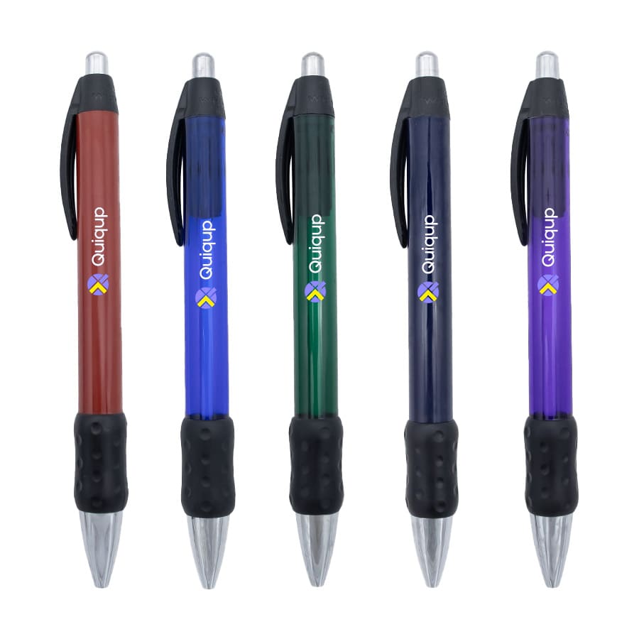 A collection of five metal grip pens in red, blue, green, black, and purple, each with a logo and a chrome tip.