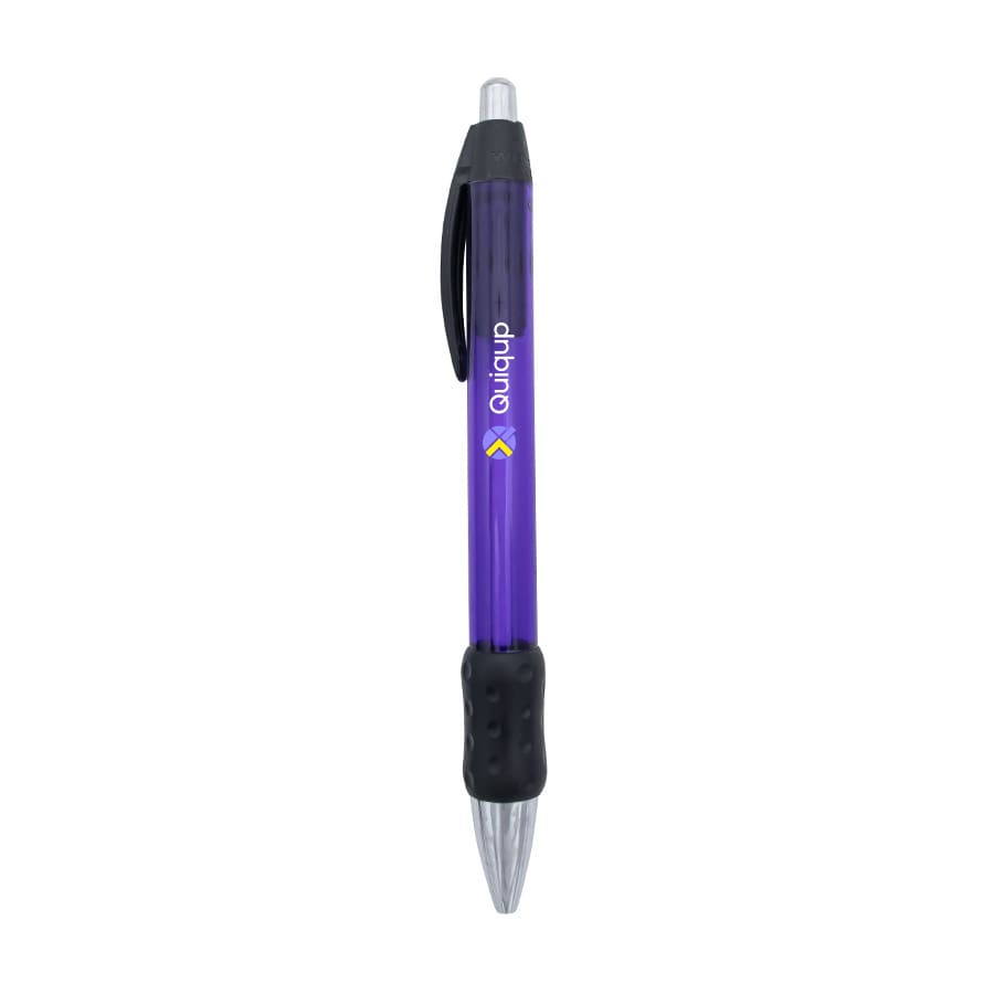 A purple chrome grip pen with a black rubber grip and a transparent barrel. The pen features a logo.