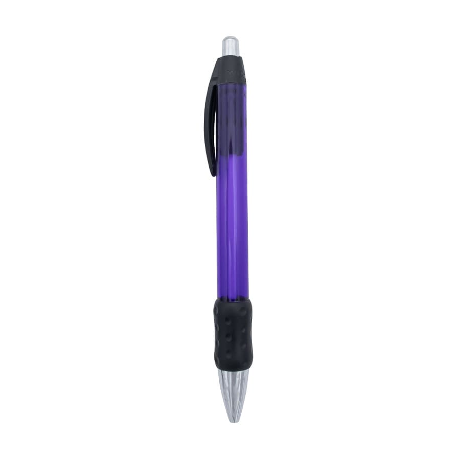 A purple metal pen with a black grip and a clear ink cartridge. It features branding on the barrel.