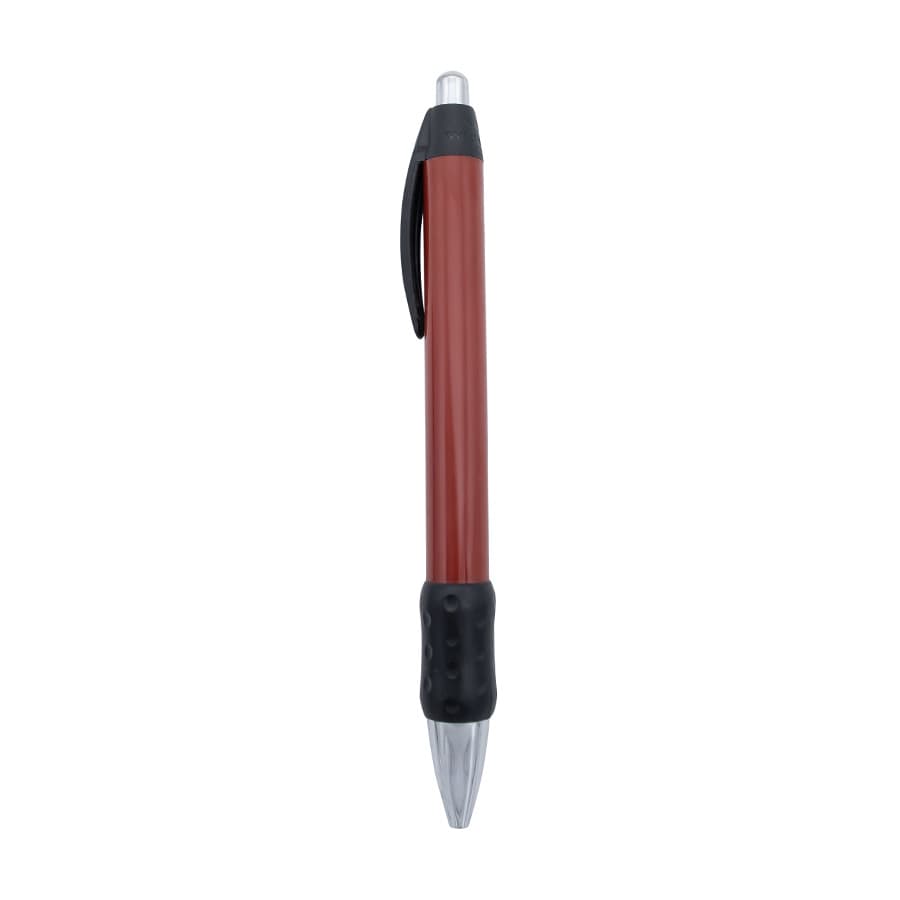 A metal pen featuring a widebody design with a chrome tip, red barrel, and black rubber grip. It has a logo.