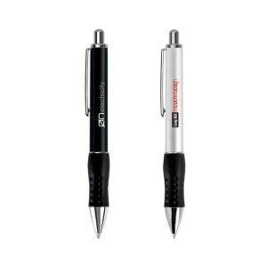 Two steel retractable pens displayed, one black with a green detail and one silver with a red detail, featuring grips.