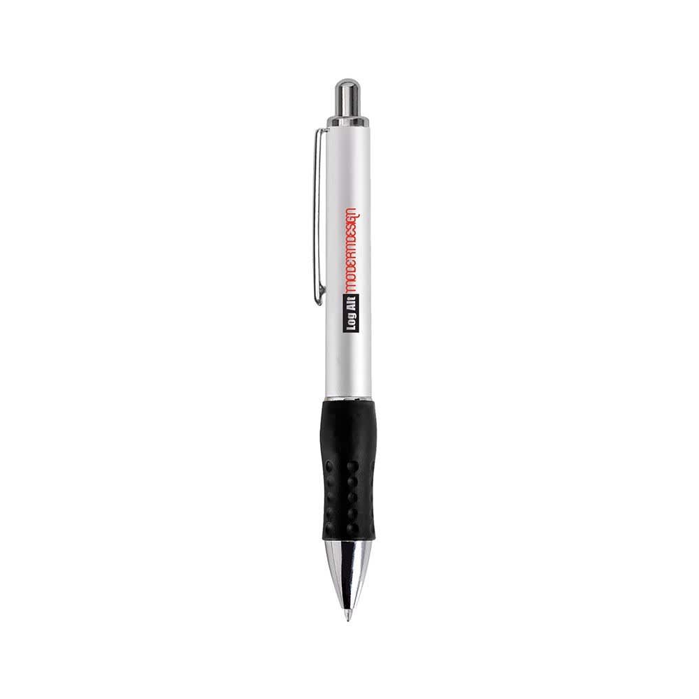 A silver retractable pen with a black grip and a branding logo.