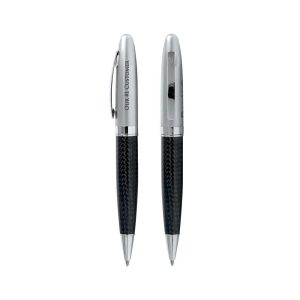 A sleek carbon fibre twist pen in black with silver accents, featuring a branding logo.