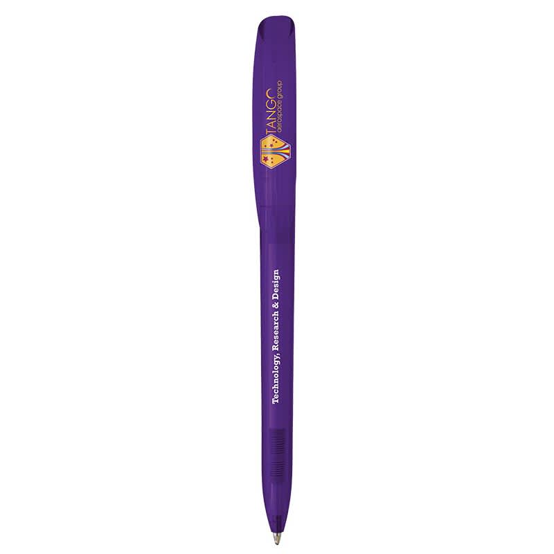 A purple plastic pen with a clip, featuring a logo and a textured grip.