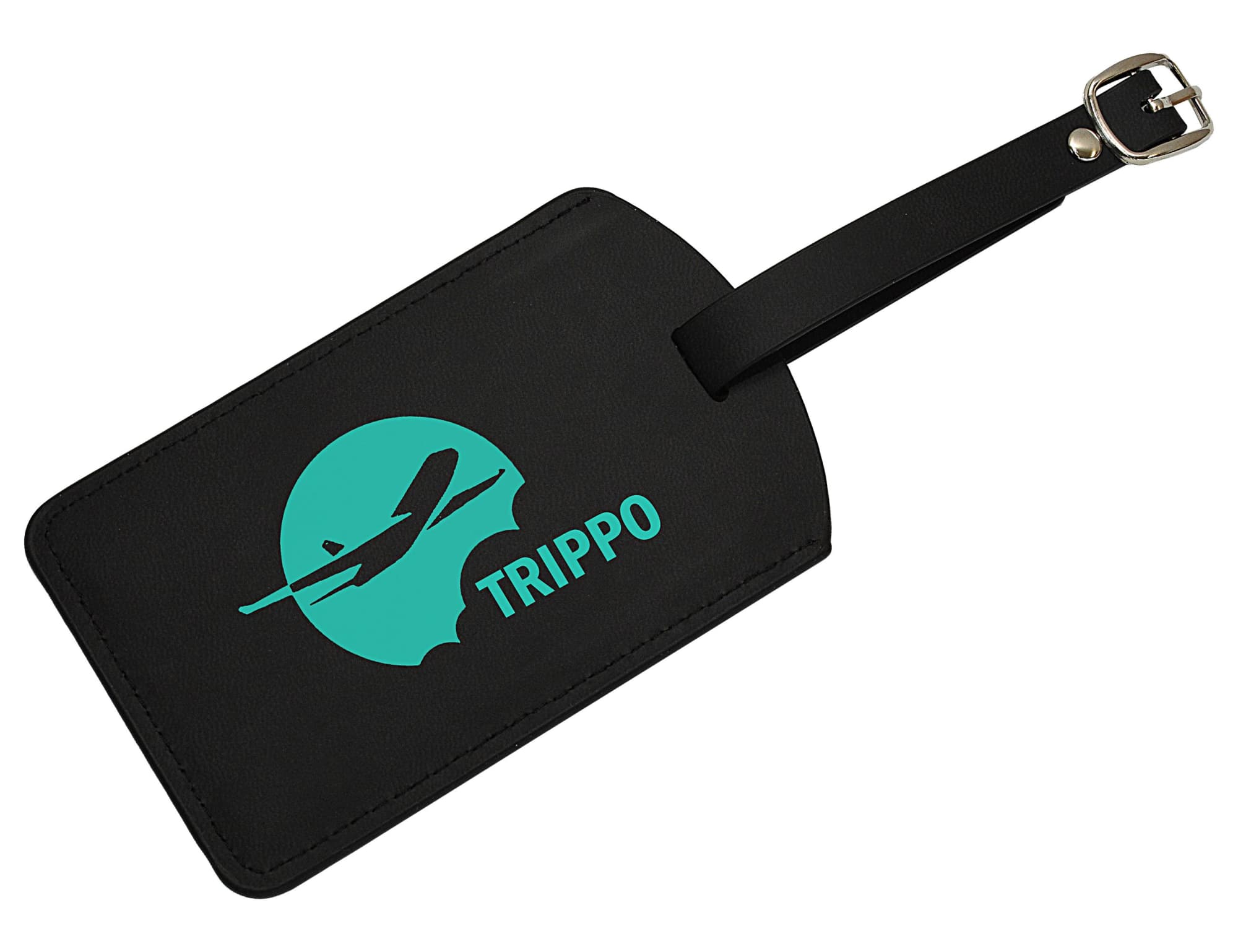 A black luggage tag featuring a turquoise logo of an airplane and the word 