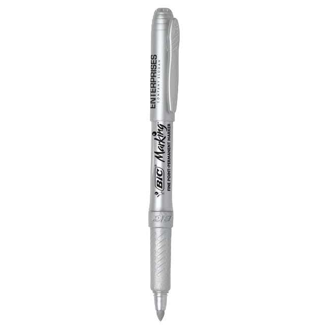 A metallic silver permanent marker with a textured grip and a cap, featuring a logo on the barrel.