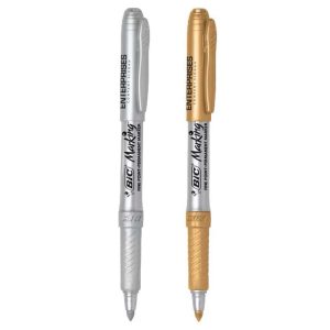 Two metallic permanent markers in silver and gold, featuring a branding logo on the side.