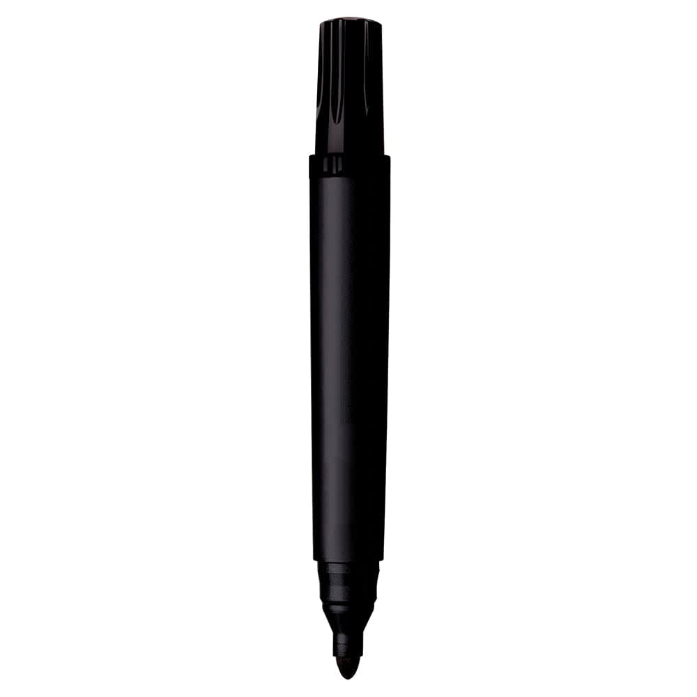 A black permanent marker with a ridged cap, featuring a fine tip for precise writing. It has a logo on the body.