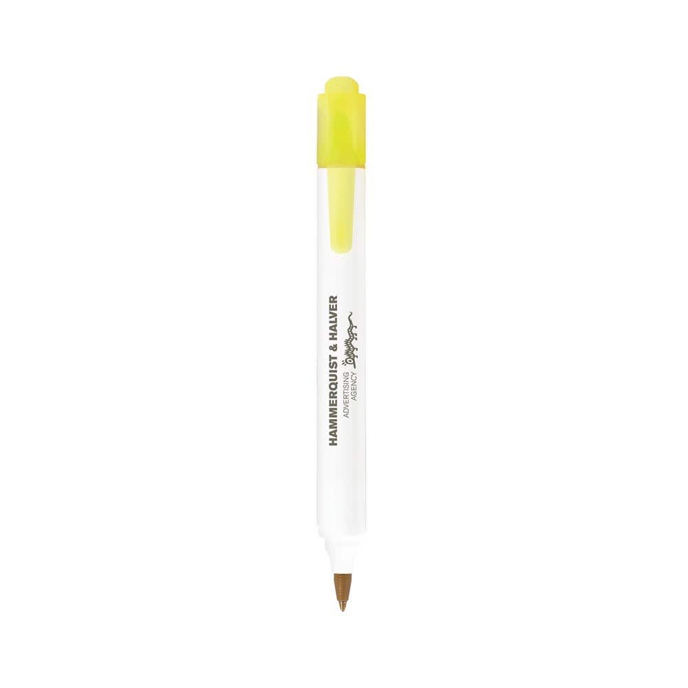 A two-sided pen with a yellow cap and a fine tip, featuring a logo on its body.