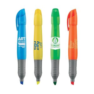 Four highlighters in blue, yellow, green, and orange, featuring grey grips and various logos.
