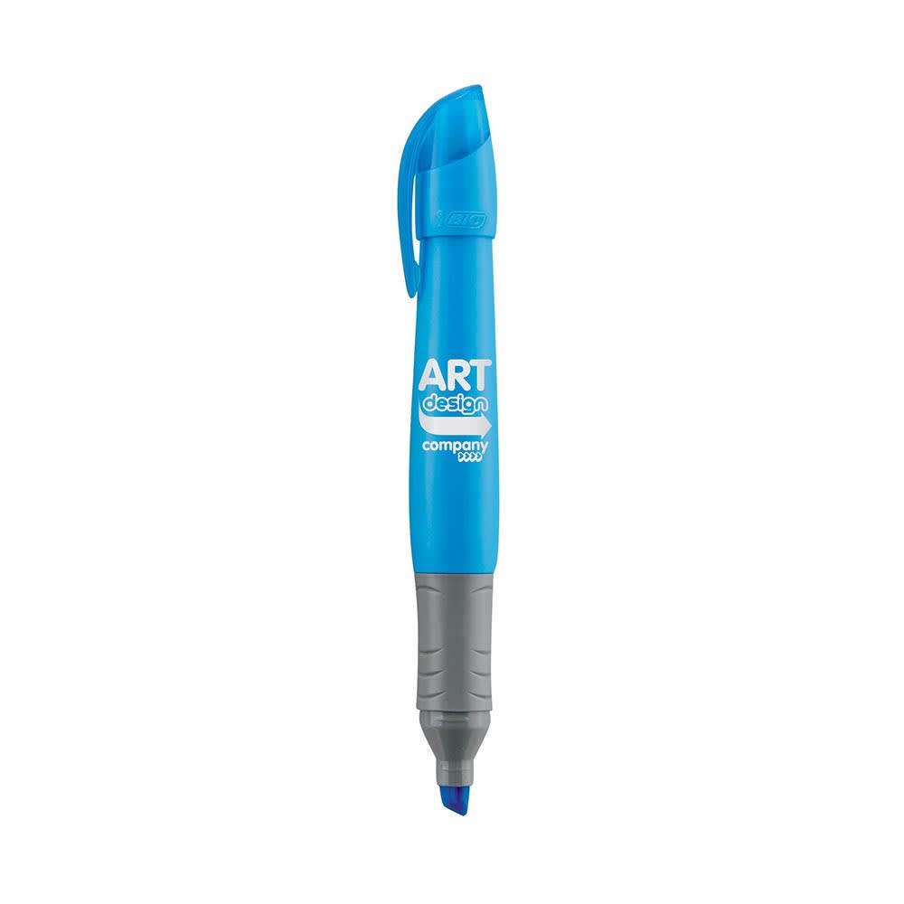 A blue highlighter pen with a grey grip, featuring a logo.