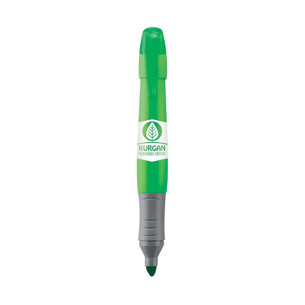 A highlighter pen in green and grey, featuring a logo on the barrel.