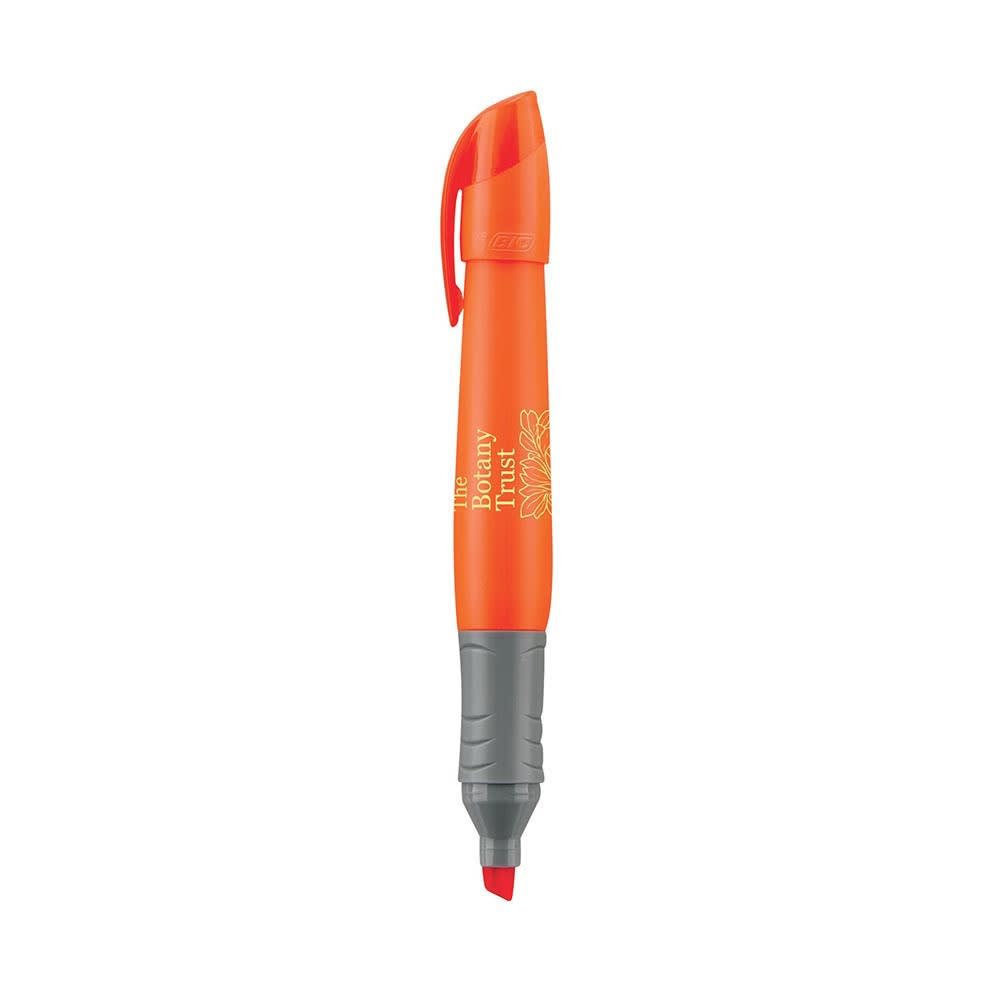 An orange highlighter pen with a grey grip and a branding logo on the side.