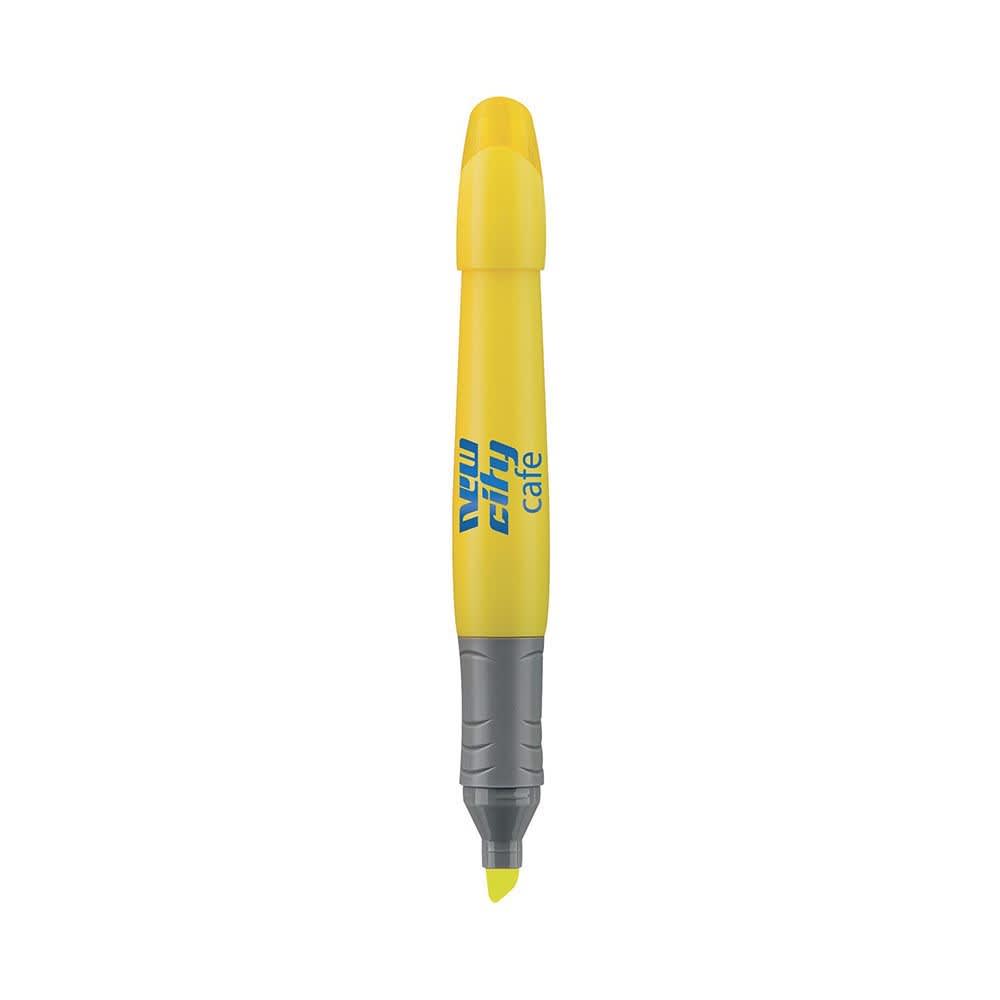 A yellow highlighter pen with a grey grip, featuring a logo on its side.