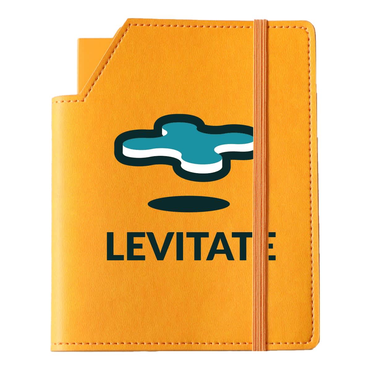 An orange leatherette cover with an elastic band, featuring a logo and a small pocket for notes or cards.