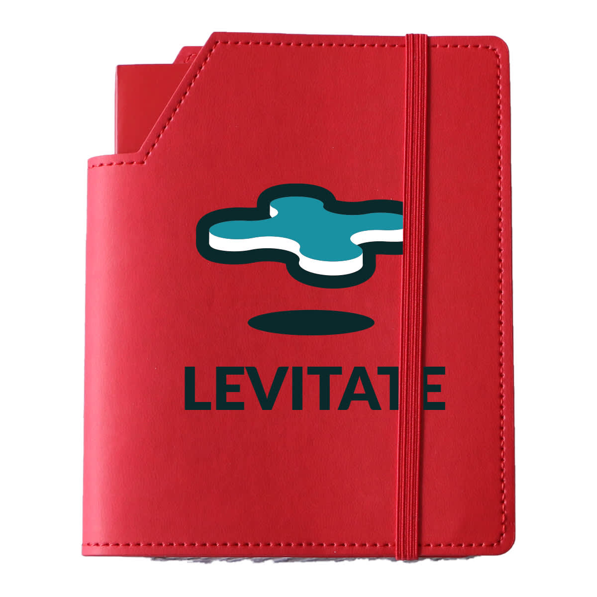A red leatherette notebook cover with an elastic band and a logo on the front, featuring a blue design and text.