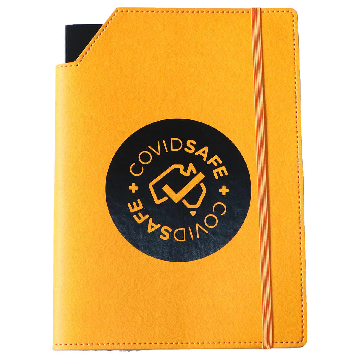 A large, yellow leatherette notebook cover with an elastic band and a logo on the front.