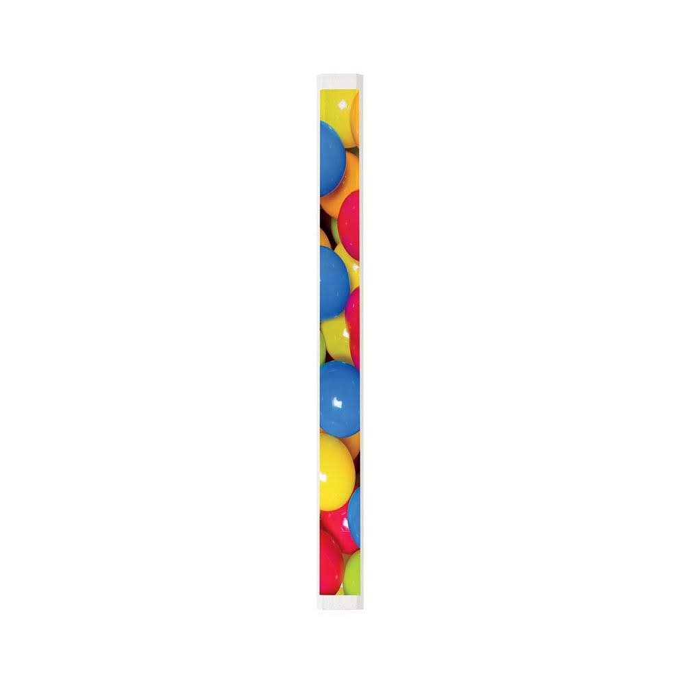 A branded carpenter pencil featuring a colourful design with blue, yellow, and red circular shapes and a logo.