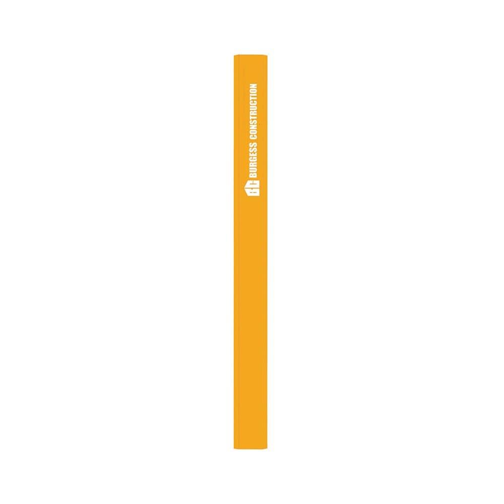 A yellow branded carpenter pencil featuring a logo on its side. Designed for writing and drawing.