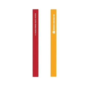 Two branded carpenter pencils in red and yellow, featuring branding on one side.