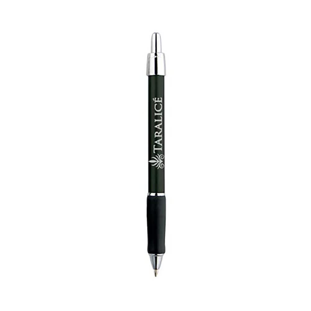 A metallic pen in black with silver accents and a logo on the barrel.