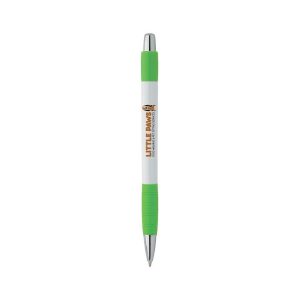 A white pen with a green grip and silver accents, featuring a logo on the body.
