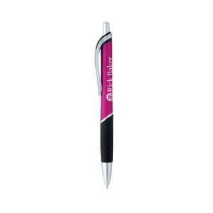 A pink plastic pen with a silver tip and a textured black grip. The pen features a branding logo.