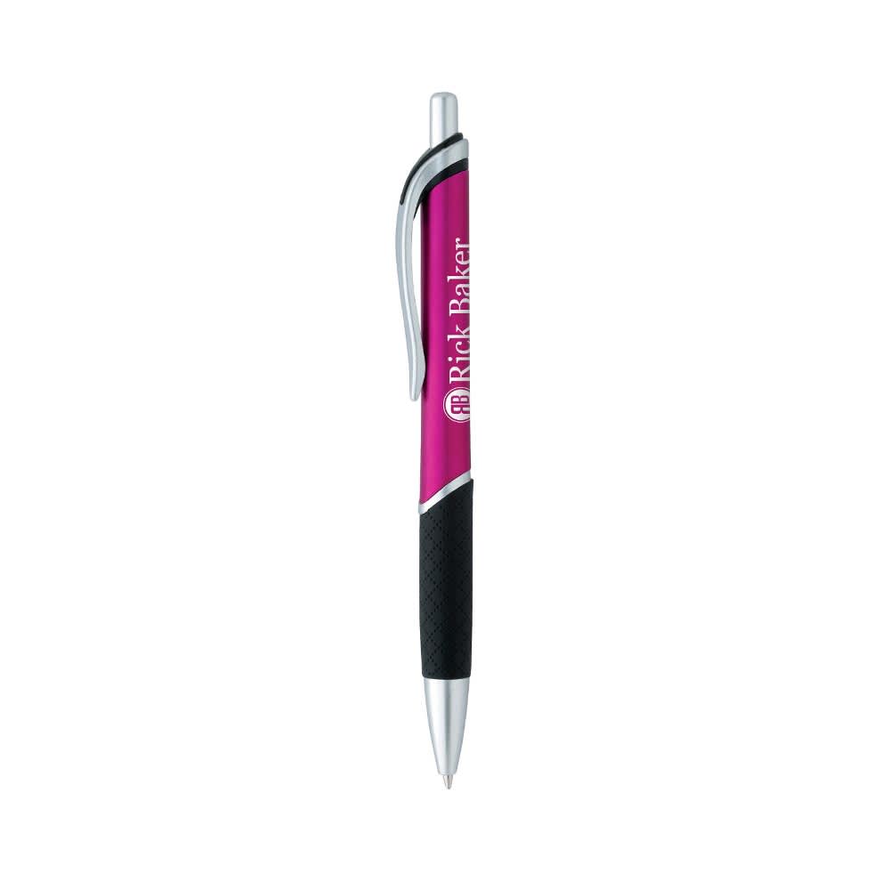 A pink plastic pen with a silver tip and a textured black grip. The pen features a branding logo.