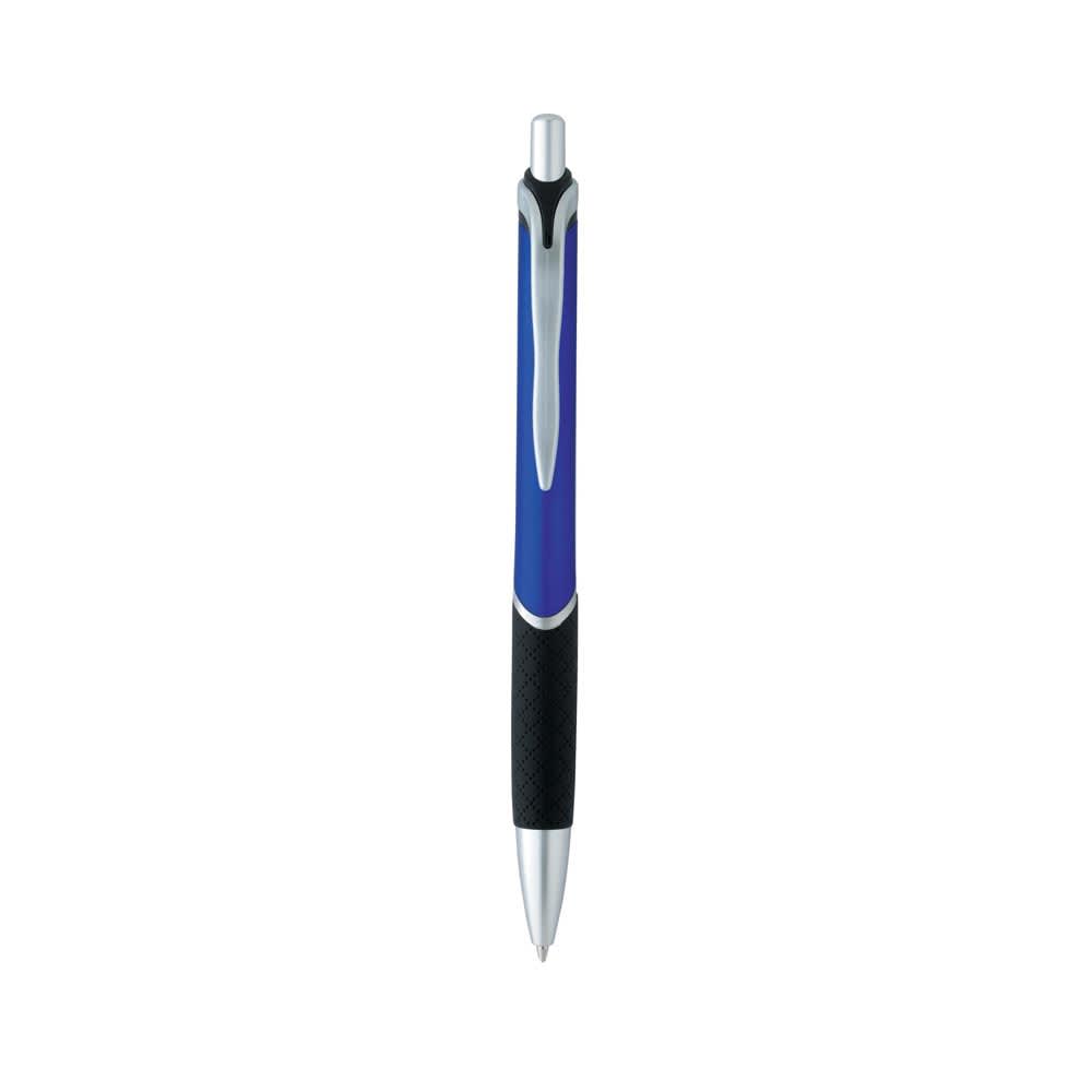 A blue and silver plastic pen with a textured black grip and a logo on the barrel.