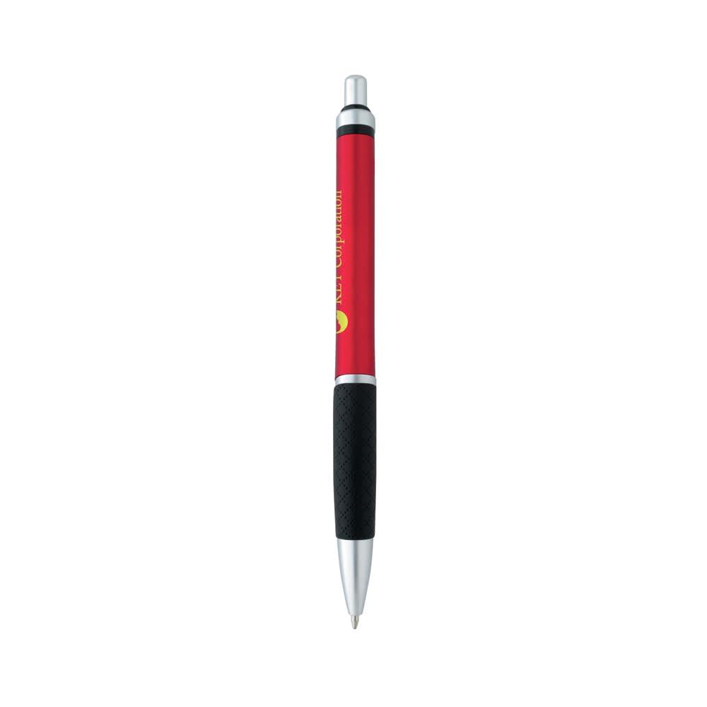 A red plastic pen with a black grip and a silver clip. The pen features a logo on the barrel.