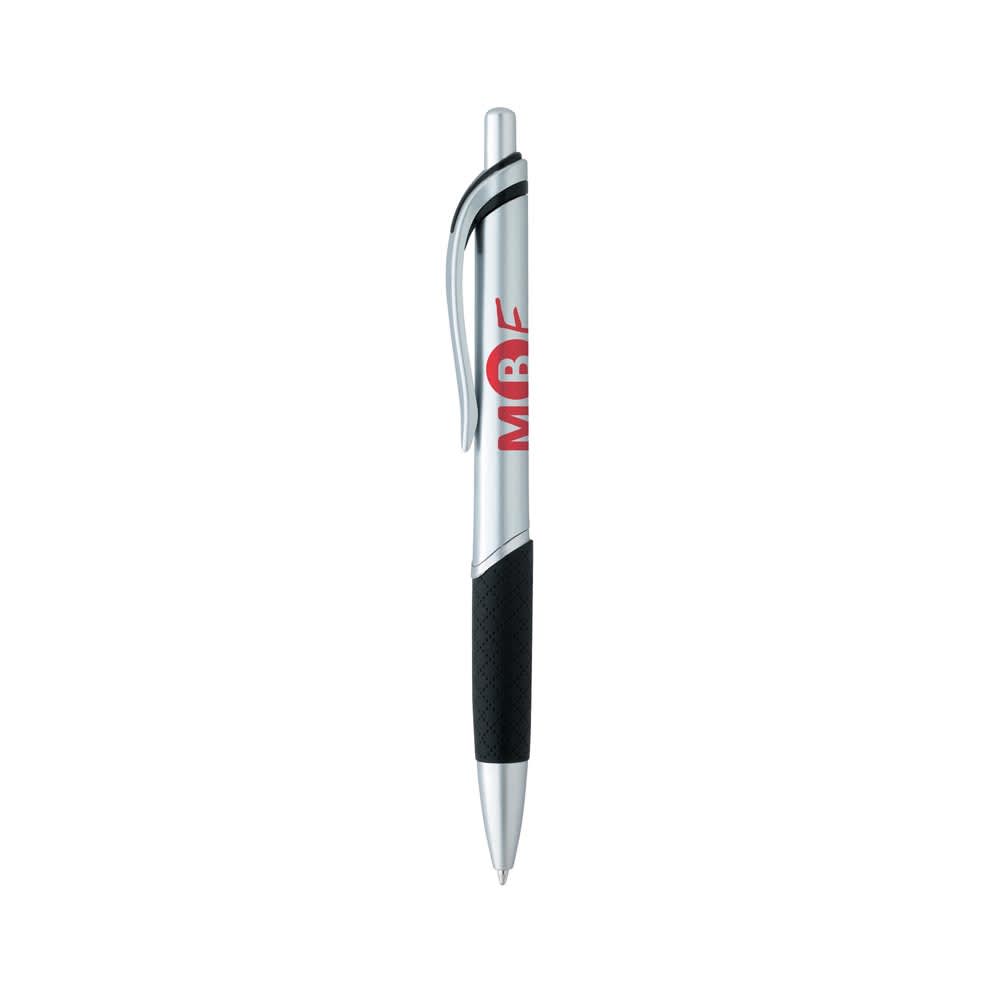 A silver plastic pen with a black grip and a logo.