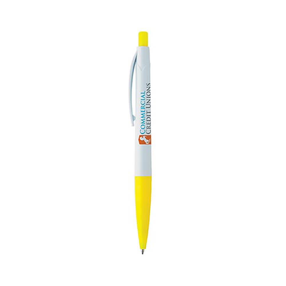A plastic pen featuring a yellow barrel and a white grip, with a logo on the side.