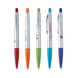A collection of five plastic pens in silver, featuring various coloured tops: orange, green, blue, and red. Each pen has a logo.