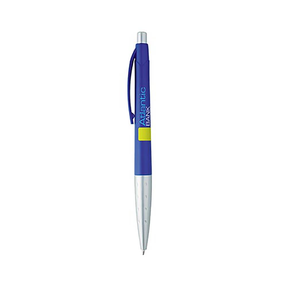 A metallic pen with a blue barrel and silver tip, featuring a clip and branding.