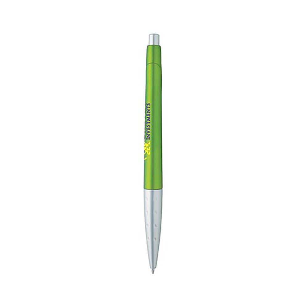 A green metallic pen with a silver tip, featuring a simple design and a logo on the body.