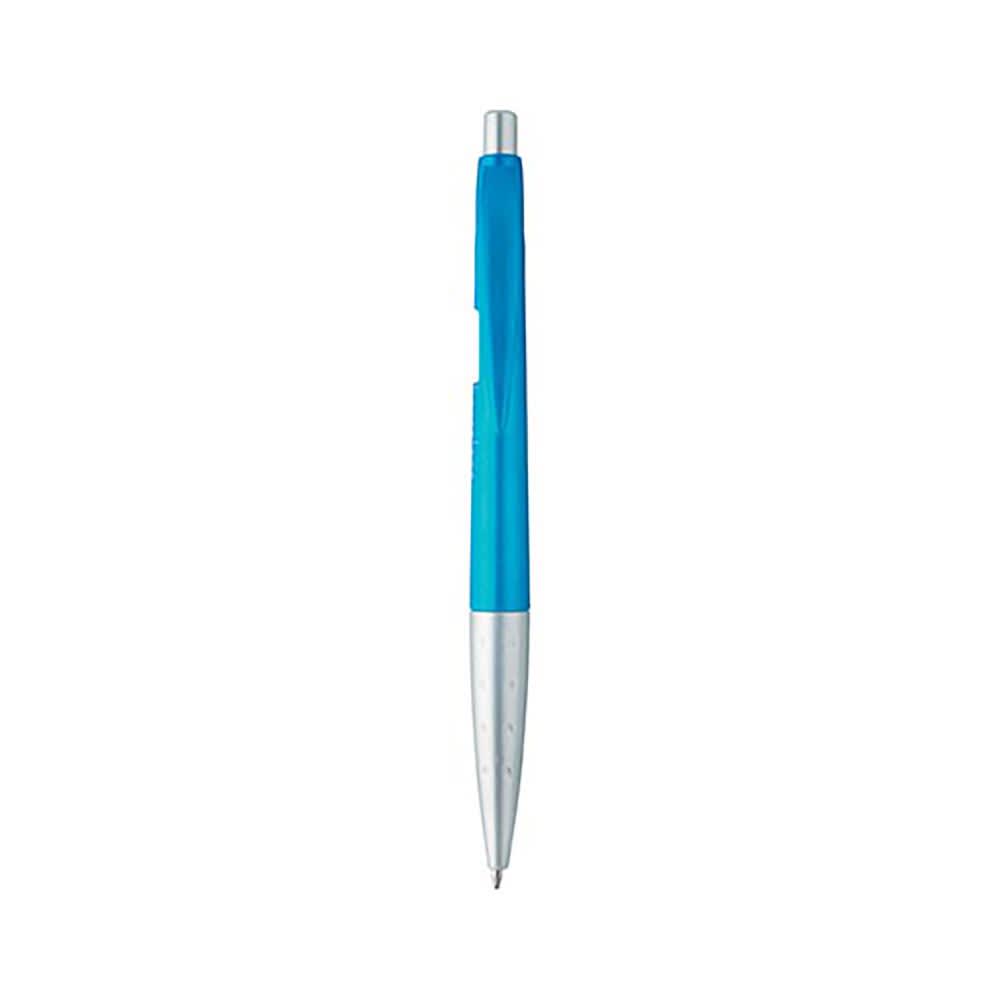 A metallic blue pen with a silver grip and a clip, featuring a logo on the body.