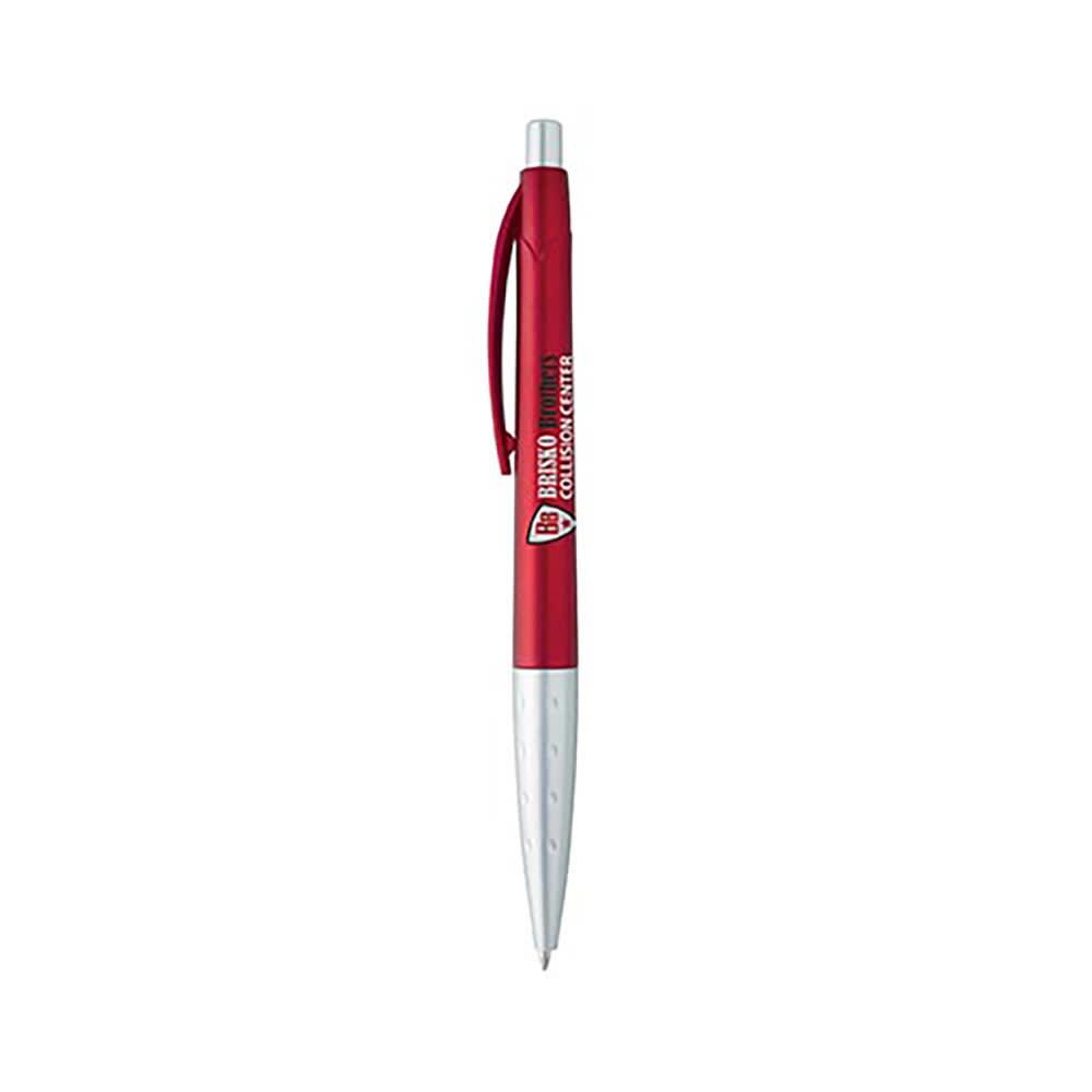 A red metallic pen with a white clip and grip, featuring a branding logo on the barrel.