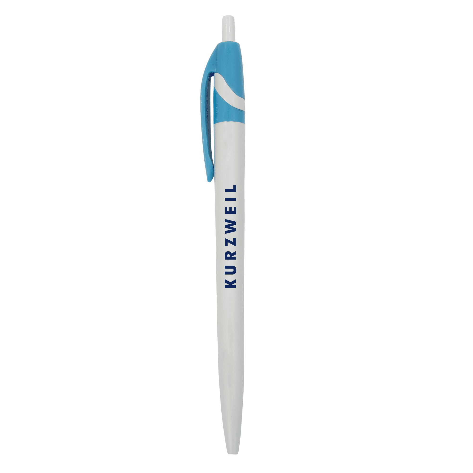 A plastic pen in white with a blue clip, featuring a logo.