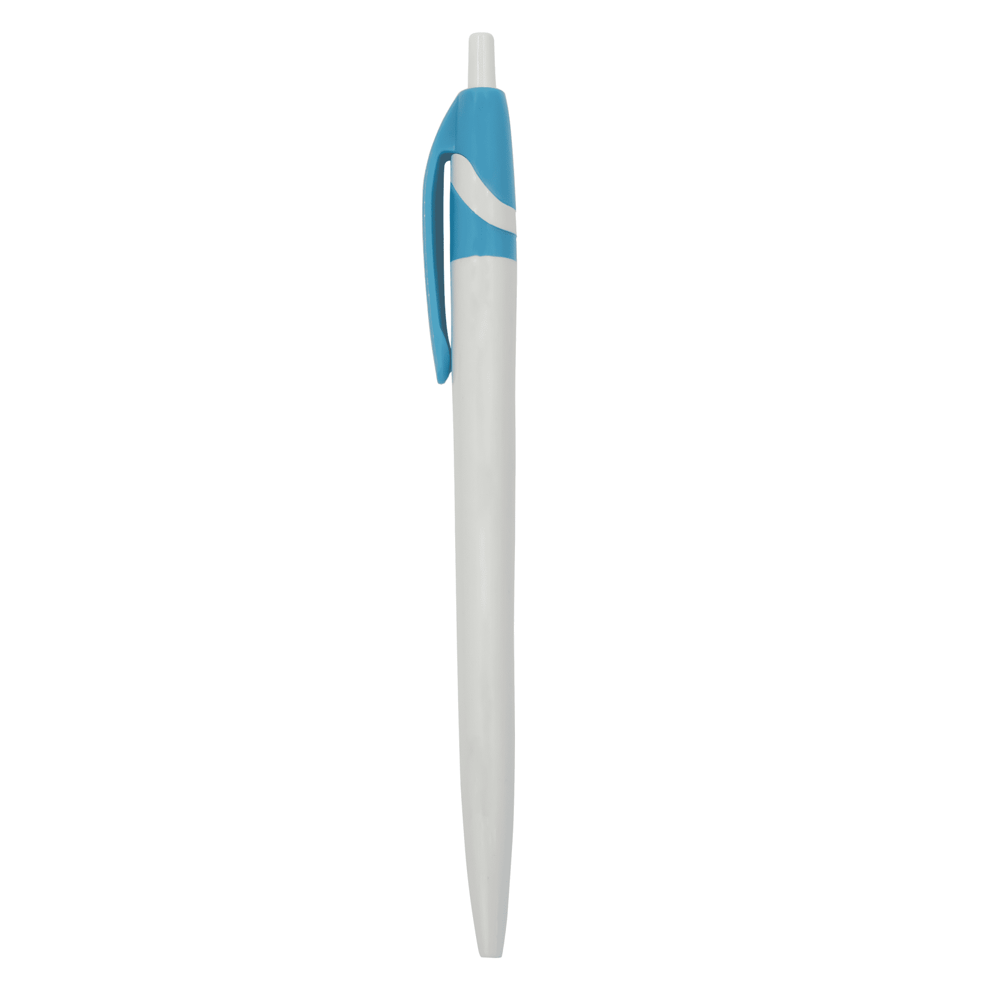 A plastic pen featuring a white body with a blue clip and top. It also has a logo on the side.