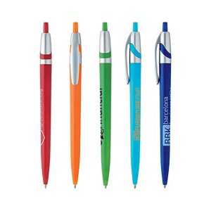 Four plastic pens in red, orange, green, and blue, each with a silver clip and branding.