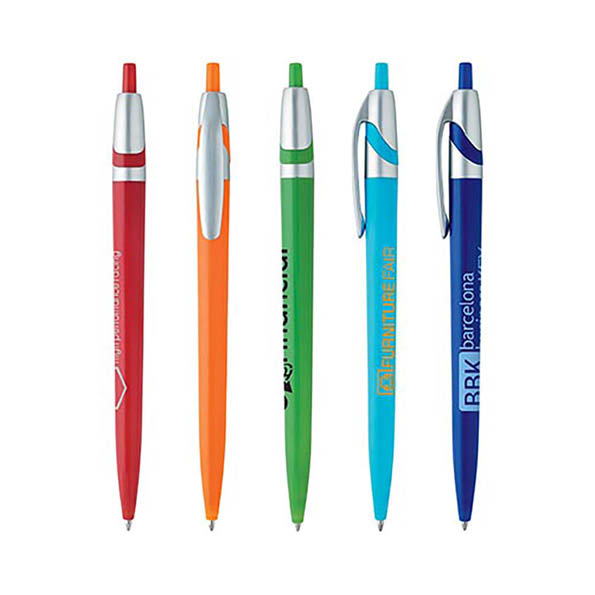 Four plastic pens in red, orange, green, and blue, each with a silver clip and branding.