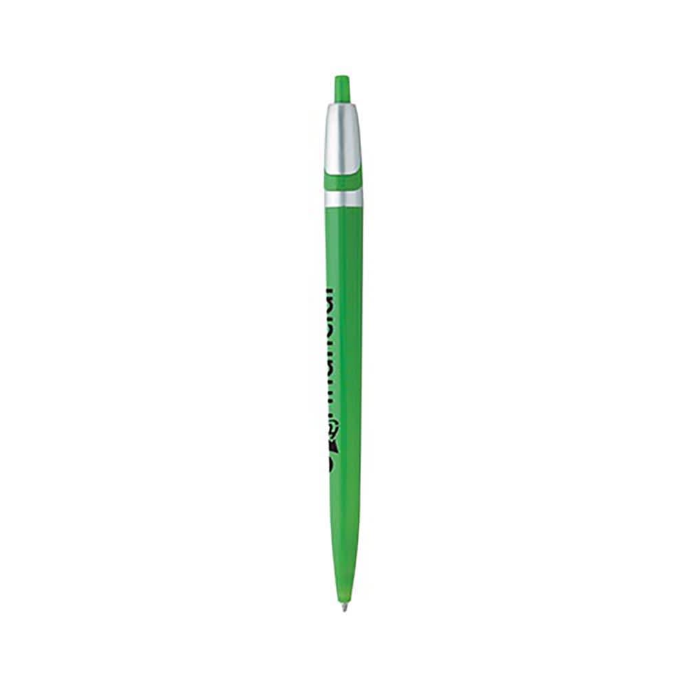 A green plastic pen with a silver clip and tip, featuring a logo.